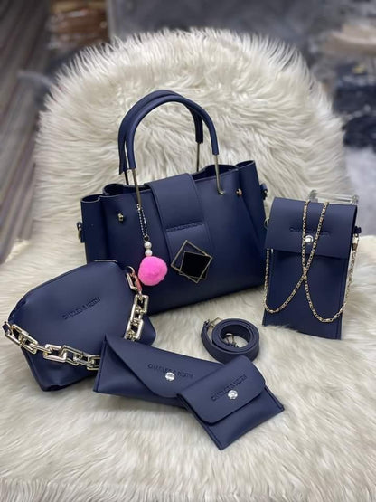 Chic Women's Leather Hand Bag Set - 5 Pcs in Blue