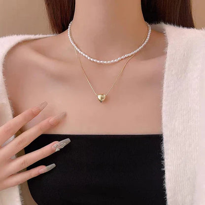 Elegant Double Layer Heart Pearl Pendant Necklace – Women’s Party Jewelry & Gift Accessory