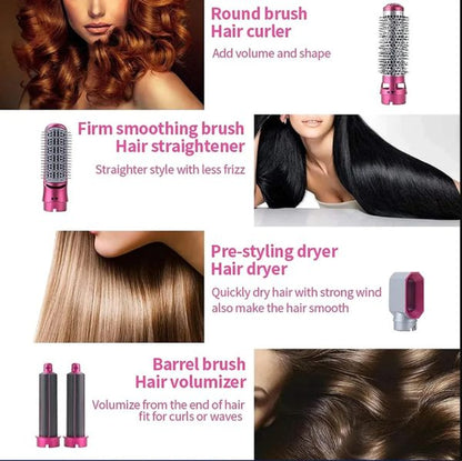 5 in 1 Hair Dryer Brush – Electric Blow Dryer, Straightener & Curling Wand Kit with Detachable Brushes (Random Color)