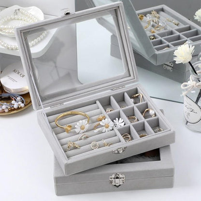 Velvet Jewelry Organizer Box with Glass Cover – Display & Storage for Rings, Earrings, Bracelets