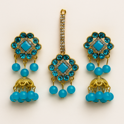 Ethnic Jhumkay & Bindya Jewelry Set – Artificial Blue Stone Jhumke for Women