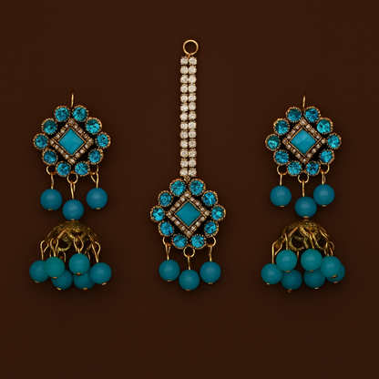Ethnic Jhumkay & Bindya Jewelry Set – Artificial Blue Stone Jhumke for Women